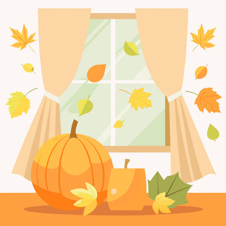 Orange pumpkins and golden fall leaves on a white rustic table by the window with curtains. Autumn.. AI generated. Vector iconのイラスト素材