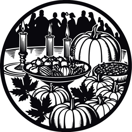 Thanksgiving table setting with pumpkins and candles. and blurred people in the background. Autumn. AI generated. Vector iconのイラスト素材