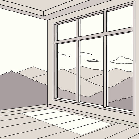 Empty room with panoramic window and mountain view. AI generated. Vector iconのイラスト素材
