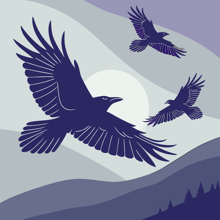Flying ravens silhouettes. isolated black birds on. AI generated. Vector iconのイラスト素材