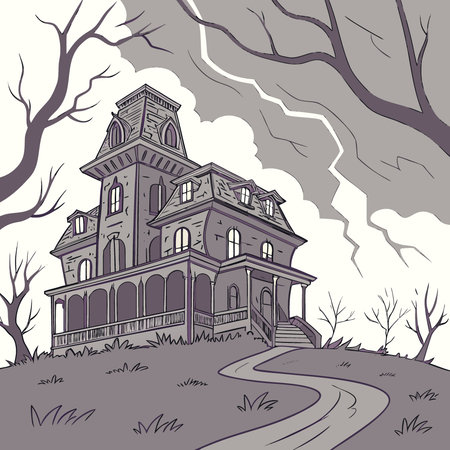 An imposing haunted mansion under a tempestuous sky. AI generated. Vector iconのイラスト素材