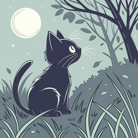 Black Kitten with Glowing Eyes in the Grass at Night. AI generated. Vector iconのイラスト素材