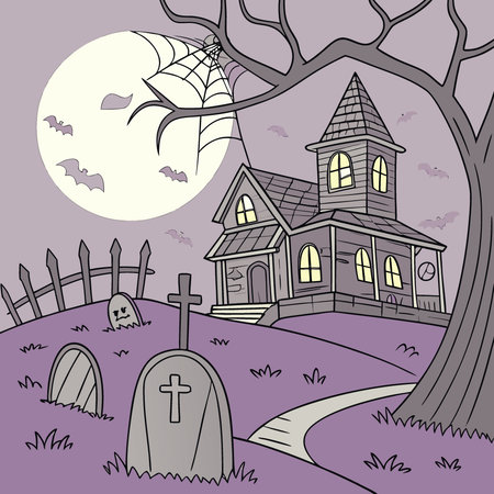 Spooky graveyard and haunted house at night cartoon. AI generated. Vector iconのイラスト素材