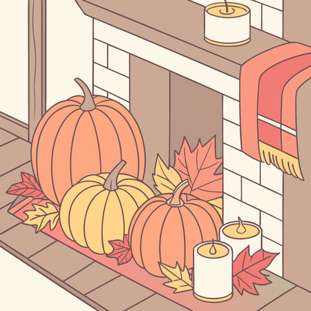 Autumn Pumpkins and Fall Decor on Fireplace Mantle. AI generated. Vector iconのイラスト素材