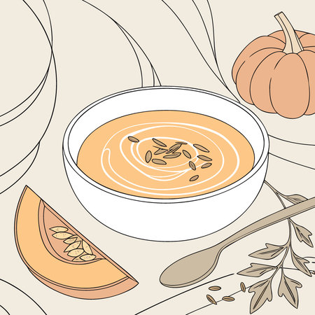 Creamy pumpkin soup on marble background with top view. AI generated. Vector iconのイラスト素材