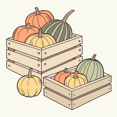 Autumn pumpkins and gourds on rustic wood boards background. AI generated. Vector iconのイラスト素材