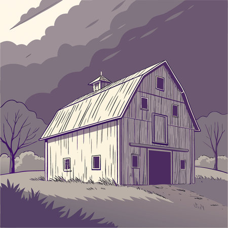 A large. old barn with a dark. stormy sky in the background. AI generated. Vector iconのイラスト素材