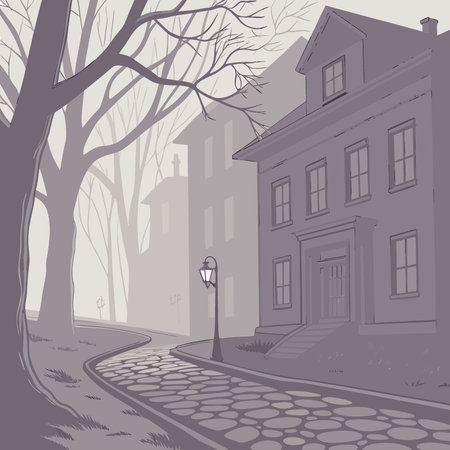 Mysterious dark street in a foggy night. Halloween background. AI generated. Vector iconのイラスト素材