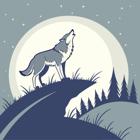 A wolf standing on top of the hill howling at the full moon. AI generated. Vector icon
