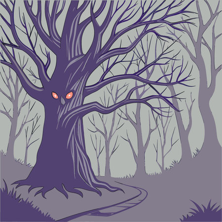 Spooky tree with glowing red eyes in dark forest at night.. AI generated. Vector iconのイラスト素材