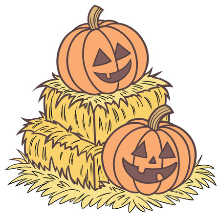 Close-up of orange pumpkins stacked together on haystacks. AI generated. Vector iconのイラスト素材