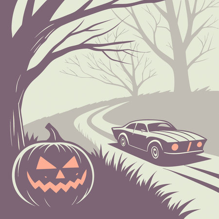 Halloween background with scary pumpkins and monster car. ..AI generated. Vector iconのイラスト素材