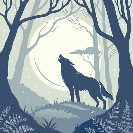 Lone wolf under full moon in mystical forest.. generative IA. AI generated. Vector iconのイラスト素材