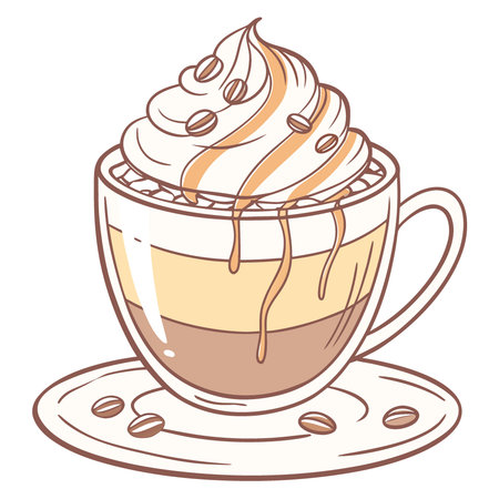 A glass cup of coffee with whipped cream and caramel sauce. AI generated. Vector iconのイラスト素材