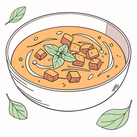 Pumpkin cream soup with croutons and basil on white background. AI generated. Vector iconのイラスト素材