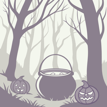 A spooky cauldron surrounded by pumpkins in a mystical forest. AI generated. Vector iconのイラスト素材
