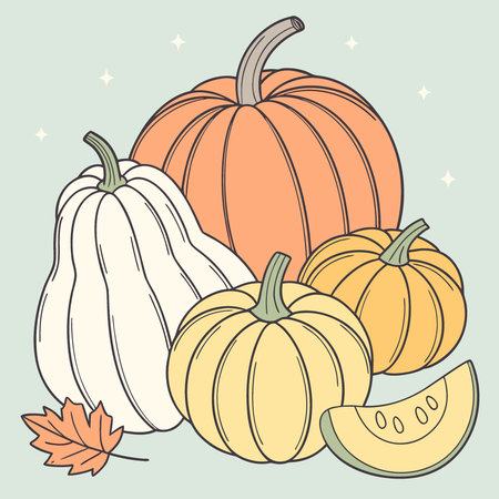 Mix of different pumpkins on pastel blue background. AI generated. Vector iconのイラスト素材