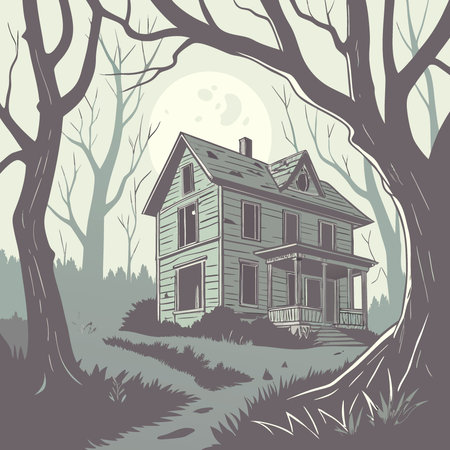 An abandoned haunted house in the woods. Halloween full moon. AI generated. Vector iconのイラスト素材