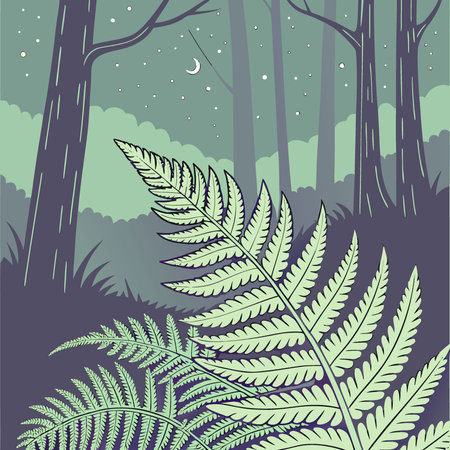 Green ferns in the middle of the forest midsummer night. AI generated. Vector iconのイラスト素材