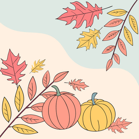 Autumn leaves and pumpkins on pastel background with copy space. AI generated. Vector iconのイラスト素材