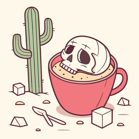 Miniature Skull in a Red Cup with Cactus and Sugar Cubes on Sand. AI generated. Vector iconのイラスト素材