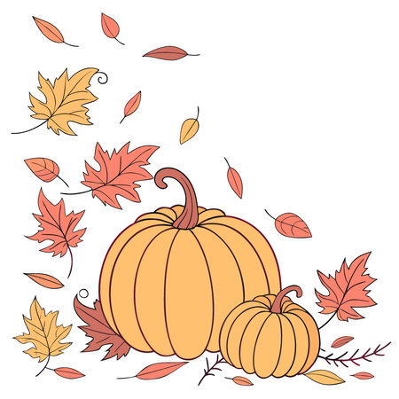 Vertical Autumn white background with orange pumpkins and fall leaves. AI generated. Vector iconのイラスト素材