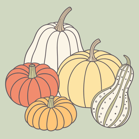 Assortment of pumpkins and squashes on a solid colored background. AI generated. Vector iconのイラスト素材