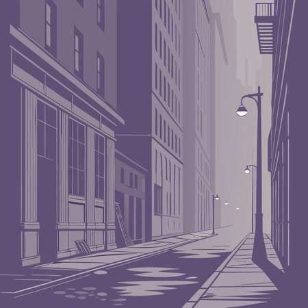 Alley fog night street city dark town urban wallpaper background. AI generated. Vector iconのイラスト素材