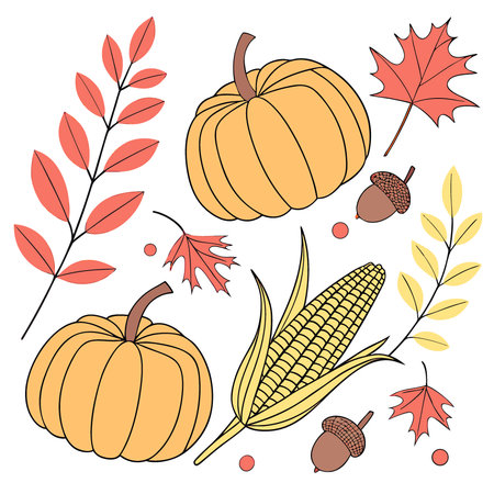 Autumn flat lay white background with pumpkins and seasonal items. AI generated. Vector iconのイラスト素材