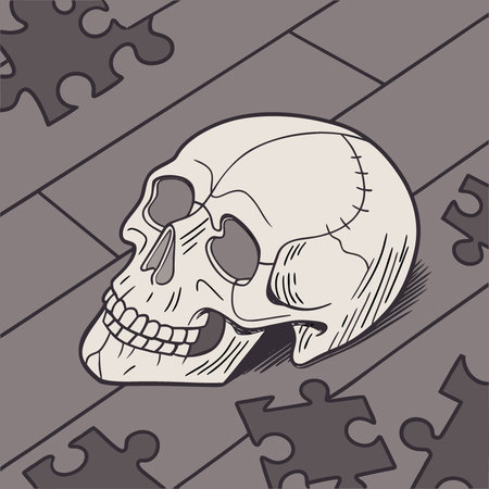 Gray Skull and Scattered Black Puzzle Pieces on Dark Wooden Surface. AI generated. Vector iconのイラスト素材