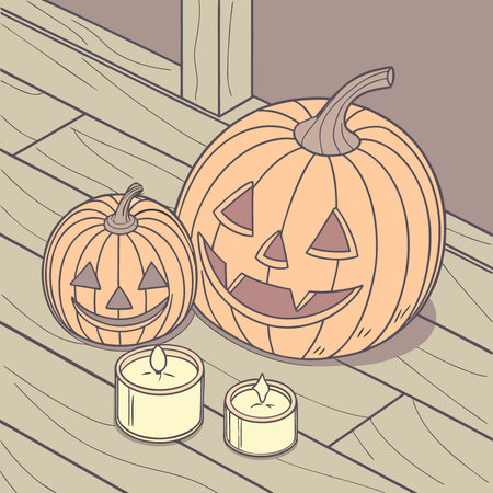 Halloween pumpkins and candles on wooden background. 3d rendering. AI generated. Vector iconのイラスト素材