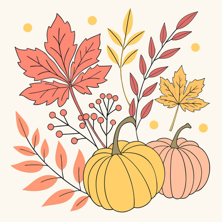 Autumn composition with leaves. pumpkins. flowers. berries flat lay.. AI generated. Vector iconのイラスト素材