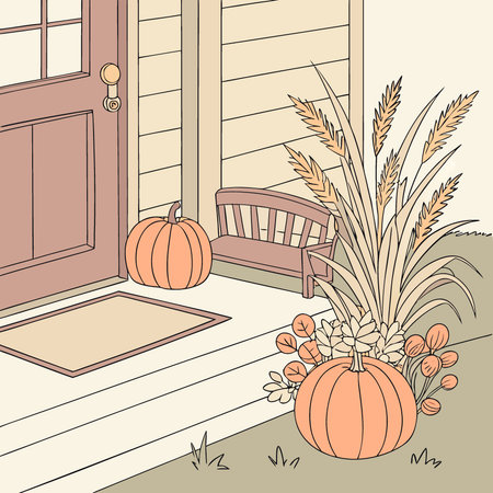 Fall Front Porch Decor with Pumpkins Dried Flowers and Pampas Grass. AI generated. Vector iconのイラスト素材