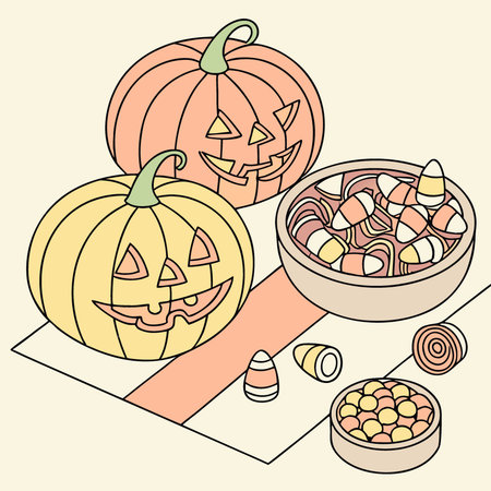 Trick or treat Halloween flat lay background with pumkins and sweets.. AI generated. Vector iconのイラスト素材