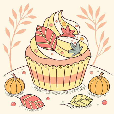 Autumn-themed cupcake with colorful fall decorations and pumpkin toppers. AI generated. Vector iconのイラスト素材