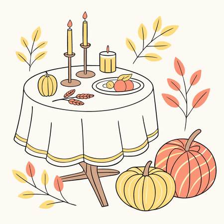 Thanksgiving table setting with pumpkins and candles. Autumn home decoration.. AI generated. Vector iconのイラスト素材
