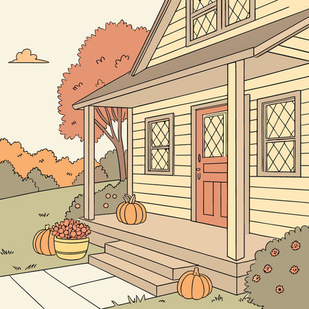 House front porch with autumn season decorations - pumpkins and flowers. AI generated. Vector iconのイラスト素材