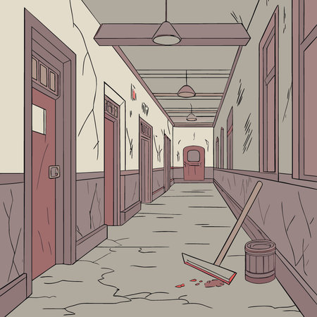 Bloody corridor in abandoned building. Horror Halloween. 3D Rendering. AI generated. Vector iconのイラスト素材