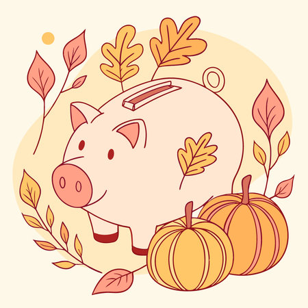 Piggy bank with autumn leaves and pumpkins for savings inspiration. AI generated. Vector iconのイラスト素材