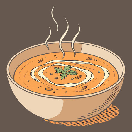 Vegan pumpkin and ginger soup with cream in bowl on dark background Closeup. AI generated. Vector iconのイラスト素材