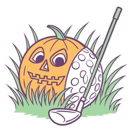 Halloween pumpkin shaped golf ball with golf club on green grass background. AI generated. Vector iconのイラスト素材