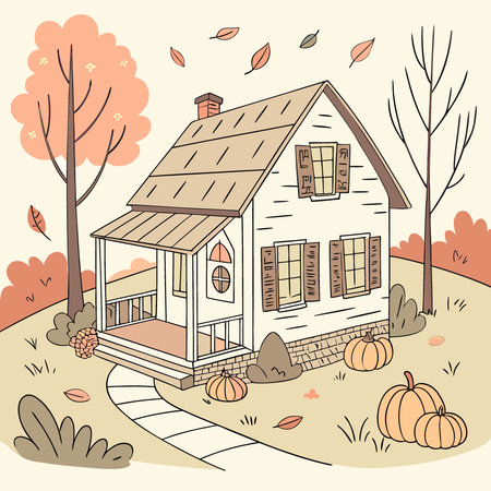 Cute and cozy cottage with fall decorations. pumpkins on the front porch.. AI generated. Vector iconのイラスト素材