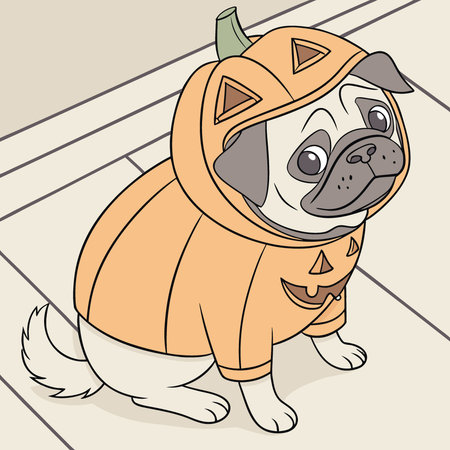 Pug dressed in a jack pumpkin lantern costume sits on a floor. close up. AI generated. Vector iconのイラスト素材