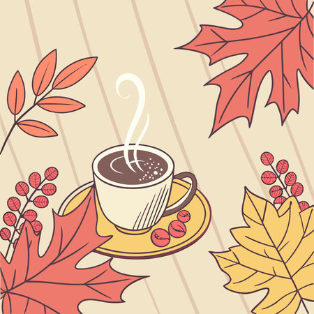 A latte cup with autumn leaves and decorations on a wooden background. AI generated. Vector iconのイラスト素材