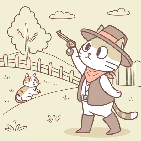 Calico cats wear cowboy uniforms and guard the surrounding environment. AI generated. Vector iconのイラスト素材