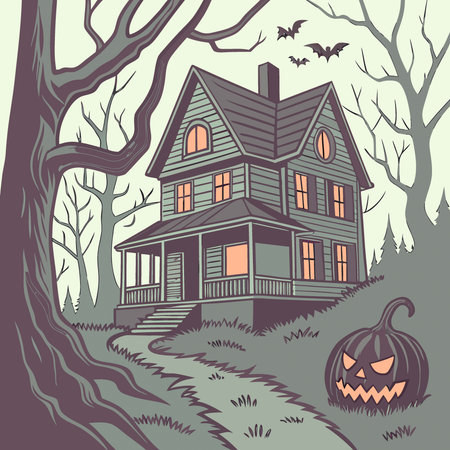 Haunted house pumpkins spooky forest evil pumpkin halloween event. AI generated. Vector iconのイラスト素材