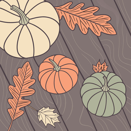 Pumpkins and autumn leaves on dark wood background top view angle. copy space.. AI generated. Vector iconのイラスト素材