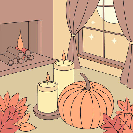Autumn cozy home interior with candles. pumpkins and flowers. selective focus.. AI generated. Vector iconのイラスト素材