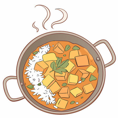 Vegetarian curry stew with sweet potatoes pumpkin and rice in saucepan top view. AI generated. Vector iconのイラスト素材