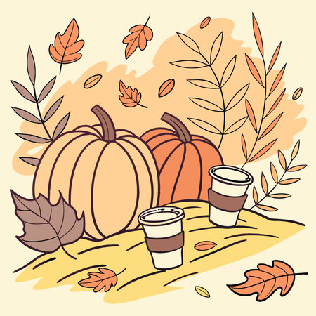 Hand drawn watercolor of autumn thanksgiving background with pumpkins and cups. AI generated. Vector iconのイラスト素材
